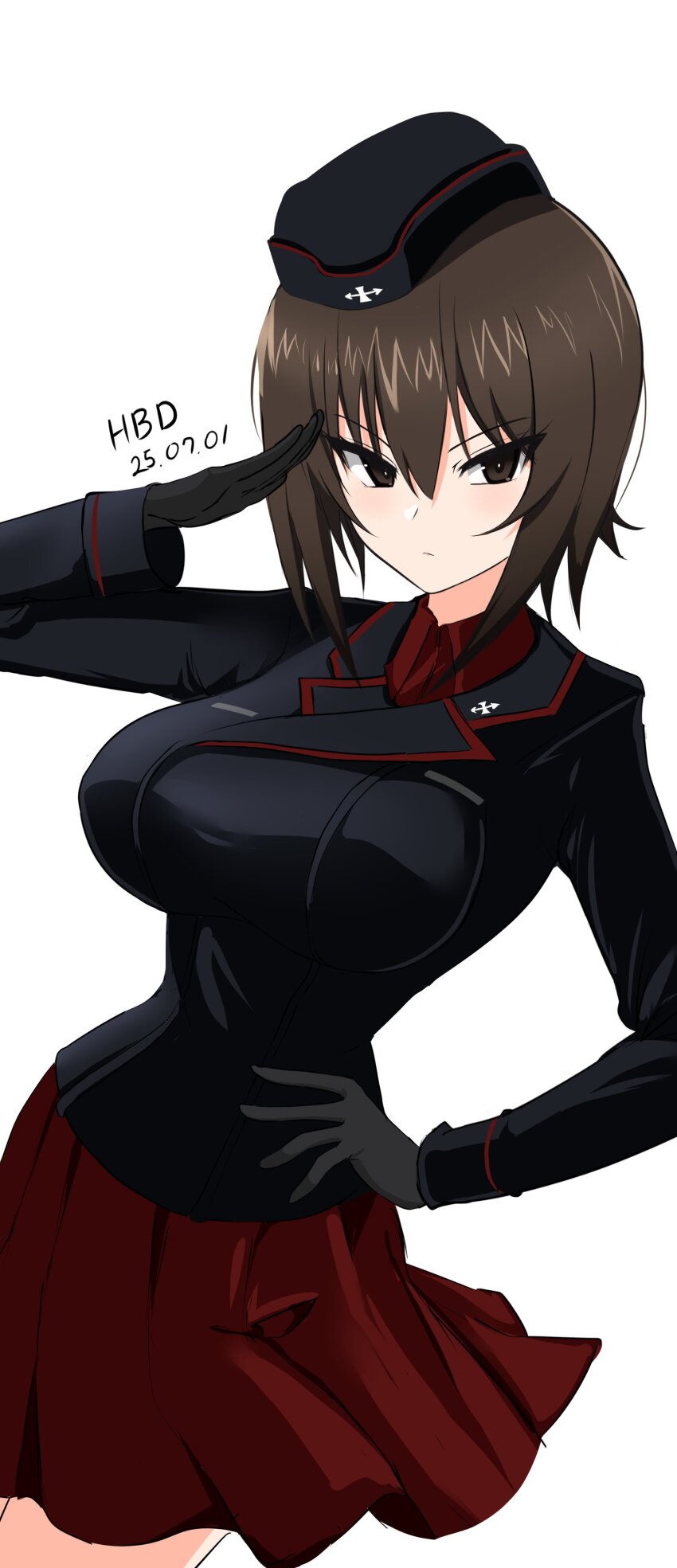 1girl absurdres aikir_(jml5160) arm_up black_gloves black_jacket breasts brown_eyes brown_hair closed_mouth commentary_request dated double-parted_bangs dress_shirt emblem garrison_cap girls_und_panzer gloves hair_between_eyes hand_on_own_hip happy_birthday hat highres insignia jacket kuromorimine_(emblem) kuromorimine_military_uniform large_breasts long_sleeves looking_at_viewer medium_hair military military_hat military_uniform miniskirt nishizumi_maho pleated_skirt red_shirt red_skirt salute shirt simple_background skirt solo white_background