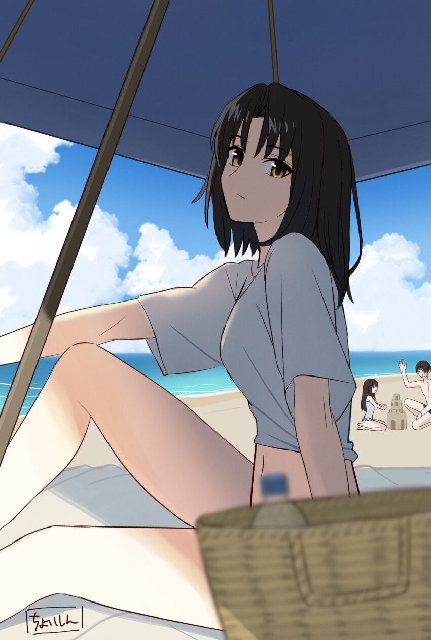 1girl 2girls alternate_costume basket beach black_hair brown_eyes closed_mouth commentary_request expressionless family father_and_daughter glasses hair_over_one_eye highres husband_and_wife kara_no_kyoukai kokutou_mikiya long_hair looking_at_viewer male_swimwear midriff mother_and_daughter multiple_girls navel one-piece_swimsuit one_eye_covered outdoors parted_bangs ryougi_mana ryougi_shiki sand sand_castle sand_sculpture shintyoi2 shirt short_hair sitting swim_trunks swimsuit topless_male white_one-piece_swimsuit