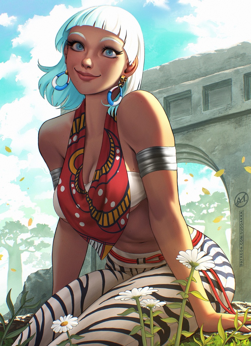 1girl animal_print armlet bandeau blue_eyes breasts cleavage dark-skinned_female dark_skin earrings elena_(street_fighter) flower highres jewelry looking_at_viewer pants petals scarf sitting smile solo street_fighter street_fighter_6 suddakka tree white_bandeau white_hair white_pants zebra_print