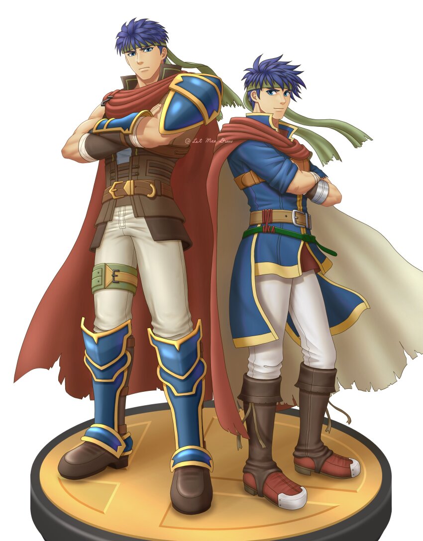 2boys absurdres age_comparison amiibo armor blue_eyes blue_hair boots brown_footwear cape crossed_arms dual_persona fire_emblem fire_emblem:_path_of_radiance fire_emblem:_radiant_dawn green_headband headband height_difference highres ike_(fire_emblem) let_mee_draw looking_at_viewer male_focus multiple_boys muscular muscular_male nintendo pants pauldrons red_cape shoulder_armor single_pauldron sleeve_rolled_up standing super_smash_bros. twitter_username two-sided_cape two-sided_fabric white_background white_pants