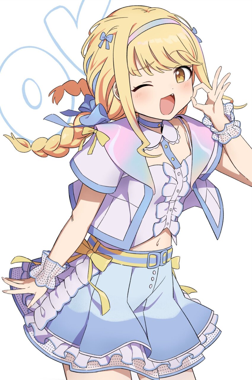 1girl blonde_hair blue_choker blue_ribbon blue_skirt blue_trim blush bow braid breasts choker collar cowboy_shot detached_collar dot_nose dress_bow fang floating_hair frilled_skirt frills fujita_kotone gakuen_idolmaster gradient_clothes gradient_jacket hair_bow hair_ribbon hairband hand_up highres idolmaster jacket long_hair looking_at_viewer midriff miniskirt navel ok_sign one_eye_closed open_mouth ribbon scrunchie sekaiichi_kawaii_watashi_(idolmaster) sha_(siasha0104) shirt short_sleeves skirt small_breasts smile solo standing twin_braids two-tone_belt two-tone_hairband white_background white_collar white_jacket white_scrunchie white_shirt wrist_scrunchie yellow_bow yellow_eyes yellow_ribbon