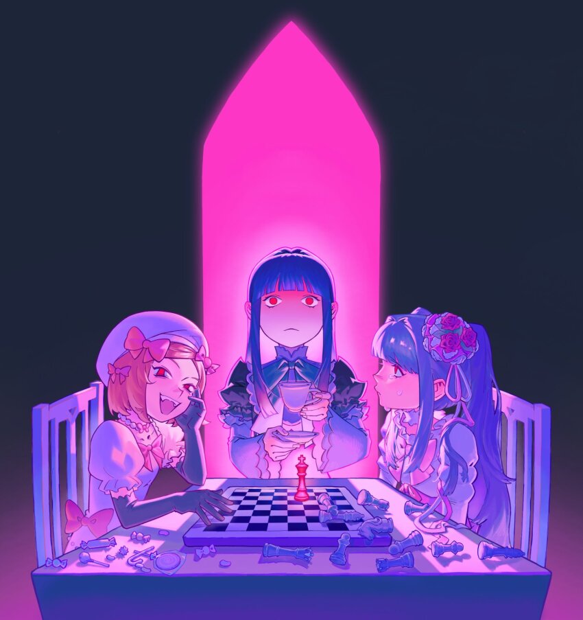 3girls :&lt; beret black_dress black_gloves blonde_hair blue_hair blunt_bangs bow bowtie chair chess_piece chessboard choker closed_mouth cup dress elbow_gloves frederica_bernkastel furudo_erika gloves hair_bow hair_intakes hat highres hime_cut holding holding_cup holding_plate kapsule lambdadelta layered_sleeves long_hair long_sleeves looking_at_another looking_at_viewer multiple_girls multiple_hair_bows on_chair pink_bow plate puffy_short_sleeves puffy_sleeves red_eyes short_hair short_over_long_sleeves short_sleeves sitting standing table teacup twintails umineko_no_naku_koro_ni witch