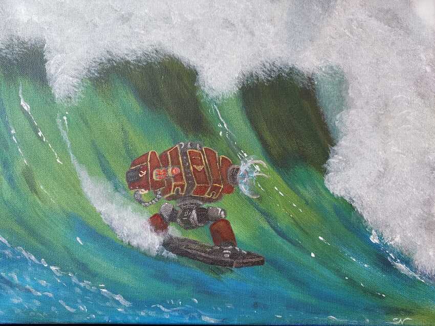 claws commentary dreadnought_(warhammer_40k) english_commentary full_body gatling_gun gun highres mecha mecha_focus minigun no_humans ocean oil_painting_(medium) outdoors painting_(medium) robot sabrina_norman signature standing surfboard surfing traditional_media warhammer_40k water waving weapon