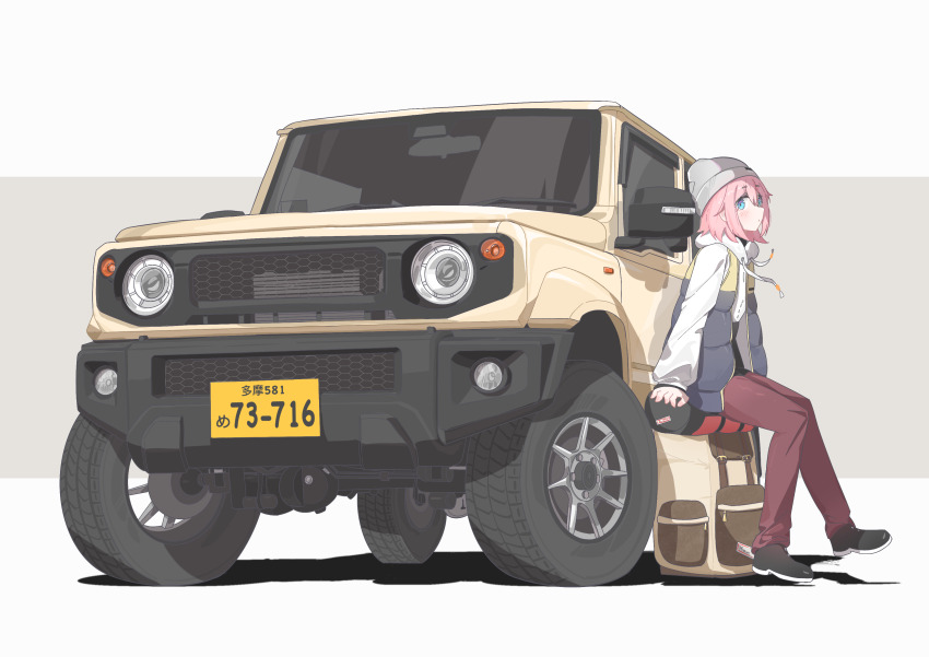 1girl absurdres alternate_hair_length alternate_hairstyle backpack bag beanie blue_eyes car hat highres jacket kagamihara_nadeshiko motor_vehicle official_alternate_hairstyle open_clothes open_jacket pants pink_hair short_hair simple_background sitting solo sports_utility_vehicle suzuki_(company) suzuki_jimny x_am yurucamp