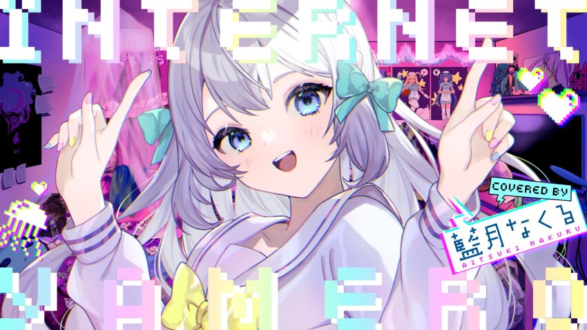 1girl :d aitsuki_nakuru blue_bow blue_eyes blue_nails bow character_name character_request chouzetsusaikawa_tenshi-chan chouzetsusaikawa_tenshi-chan_(cosplay) commentary_request cosplay grey_hair hair_bow hands_up hell_fuuna highres index_fingers_raised indie_virtual_youtuber indoors internet_yamero long_hair long_sleeves looking_at_viewer multicolored_nails nail_polish needy_girl_overdose open_mouth pink_nails pointing pointing_up poster_(object) sailor_collar shirt smile solo song_name upper_body virtual_youtuber white_shirt yellow_bow yellow_nails
