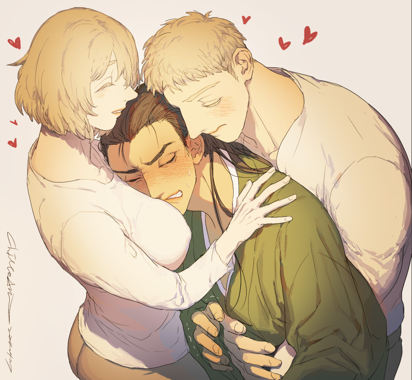 1girl 2boys :s bisexual_male black_hair blush boy_and_girl_sandwich breasts brown_pants clenched_teeth closed_eyes commentary dungeon_meshi ear_blush embarrassed falin_touden green_kimono heart highres hug hug_from_behind japanese_clothes kimono laios_touden large_breasts light_blush light_brown_hair long_hair medium_breasts medium_hair multiple_boys pants ponytail sandwiched shirt short_hair shurou signature smile sweat teeth white_background white_shirt yamyanm.k