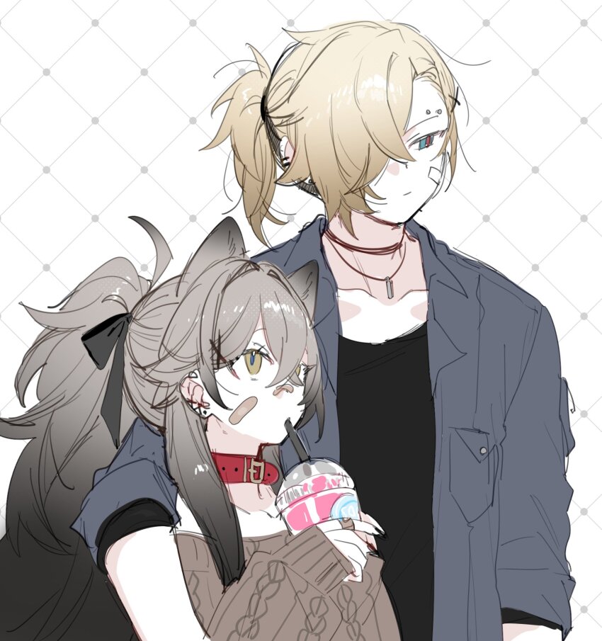 1boy 1girl argyle_background black_shirt blonde_hair blue_eyes brown_eyes brown_sweater collar collared_shirt cup degrees_of_lewdity disposable_cup drinking_straw eyebrow_piercing grey_hair grey_shirt hair_over_one_eye highres kai_(drakkai10) long_hair open_clothes open_shirt original piercing ponytail red_collar shirt short_hair shoya_(kai_(drakkai10)) sweater whitney_(degrees_of_lewdity) whitney_(male)_(degrees_of_lewdity)