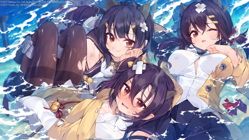 3girls abukuma_(azur_lane) afloat ahoge azur_lane bell black_hair black_pants blush bow breasts brown_eyes brown_hair button_gap cardigan closed_mouth commentary_request crossed_bandaids fang hair_between_eyes hair_ornament hair_ribbon hairclip highres horns isuzu_(azur_lane) jingle_bell large_breasts long_hair long_sleeves looking_at_viewer low_twintails multiple_girls nagara_(azur_lane) nose_blush ocean official_art one_eye_closed oni_horns open_mouth oversized_clothes pants pantyhose pleated_skirt pointy_ears red_bow red_eyes ribbon rigging sankyaku_tako shirt short_hair side_ponytail sidelocks skirt sleeves_past_wrists smile smoke tears thighband_pantyhose torn_clothes torn_shirt twintails white_shirt yellow_bow yellow_cardigan