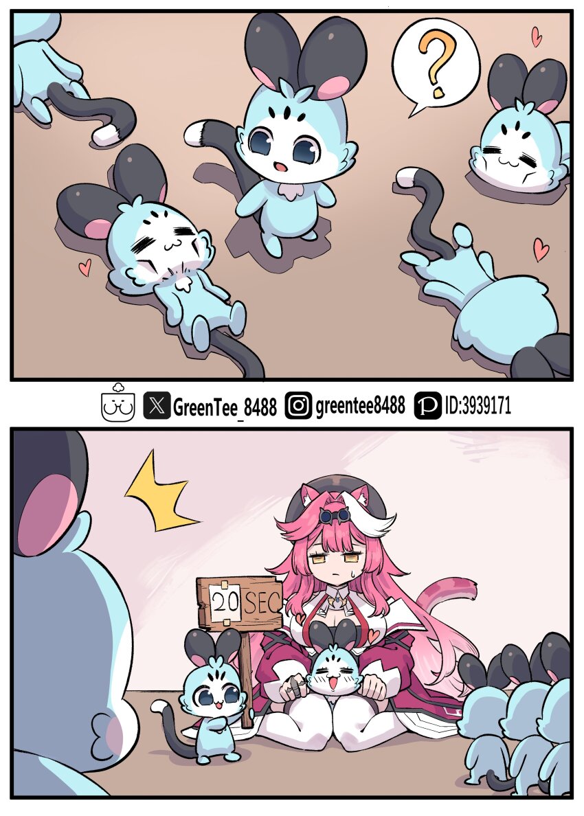 1girl ? absurdres animal_ears beret between_thighs black_hat black_tube_top cat_ears cat_girl cat_tail chattino_(raora_panthera) hat heart highres holding holding_sign hololive hololive_english long_hair looking_at_viewer multicolored_hair pink_hair raora_panthera raora_panthera_(1st_costume) sign solo spoken_question_mark strapless streaked_hair tail thighhighs tube_top very_long_hair vest virtual_youtuber white_hair white_thighhighs white_vest yellow_eyes zetsuental
