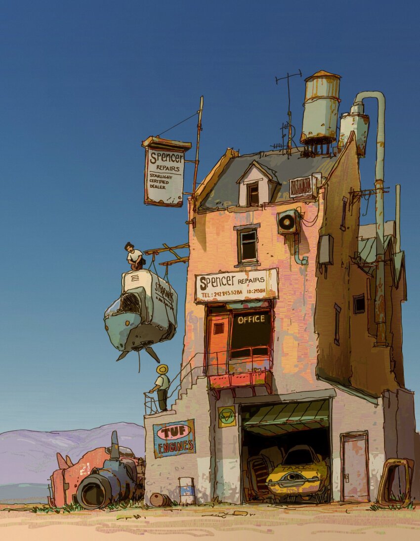 2boys alariko blue_sky car desert garage highres house motor_vehicle mountainous_horizon multiple_boys original railing scenery shop sky stairs water_tank