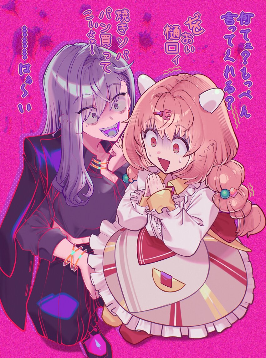 2girls braid collared_shirt dress egg_hair_ornament food-themed_hair_ornament fork_hair_ornament grey_hair hair_ornament highres higuchi_kaede higuchi_kaede_(16th_costume) jacket jacket_on_shoulders kirara_tamako kirara_tamako_(1st_costume) long_hair long_sleeves low_twin_braids mole mole_under_eye multiple_girls nijisanji open_mouth orange_hair own_hands_together scared shirogami_seisho shirt squatting twin_braids virtual_youtuber