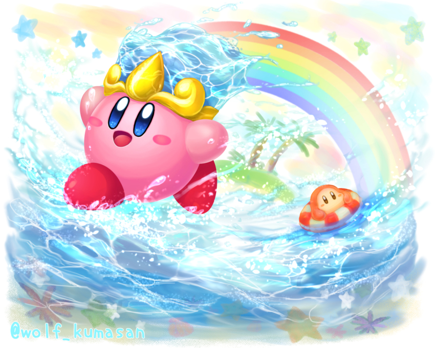 :d arms_up artist_name blue_eyes blush blush_stickers brown_eyes commentary_request copy_ability crown full_body innertube island kirby kirby_(series) kumaoka_pon looking_at_viewer nintendo no_humans open_mouth palm_tree plant rainbow running smile splashing star_(symbol) starfish striped_innertube swim_ring tree twitter_username waddle_dee walking walking_on_liquid water water_kirby waves