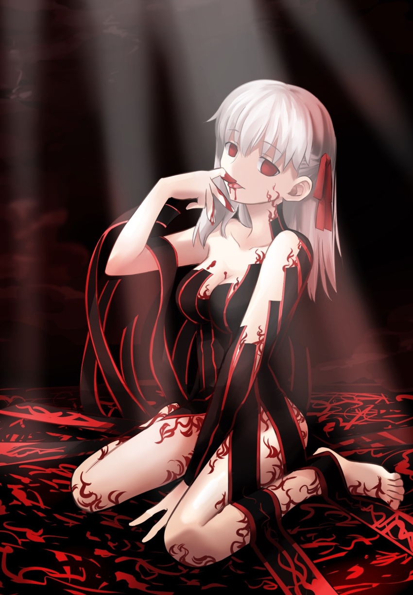 1girl blood blood_on_hands breasts chiizu_ore cleavage commentary_request dark_sakura empty_eyes fate/stay_night fate_(series) full_body hair_ribbon heaven&#039;s_feel highres large_breasts licking licking_finger licking_own_finger matou_sakura red_eyes ribbon sitting solo wariza white_hair