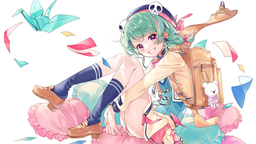 1girl absurdres blue_socks bow brown_bag brown_jacket brown_shoes cropped_jacket earrings full_body green_hair grin hair_bow hat hat_ornament highres indie_virtual_youtuber jacket jewelry kneehighs knees_up loafers long_sleeves looking_at_viewer medium_hair multicolored_hair origami own_hands_together paper_crane pillow pink_bow pink_hair pleated_skirt purple_eyes saeki_yahiro saekiyahiro shoes simple_background skirt skull_hat_ornament smile socks solo streaked_hair stuffed_animal stuffed_toy virtual_youtuber white_background