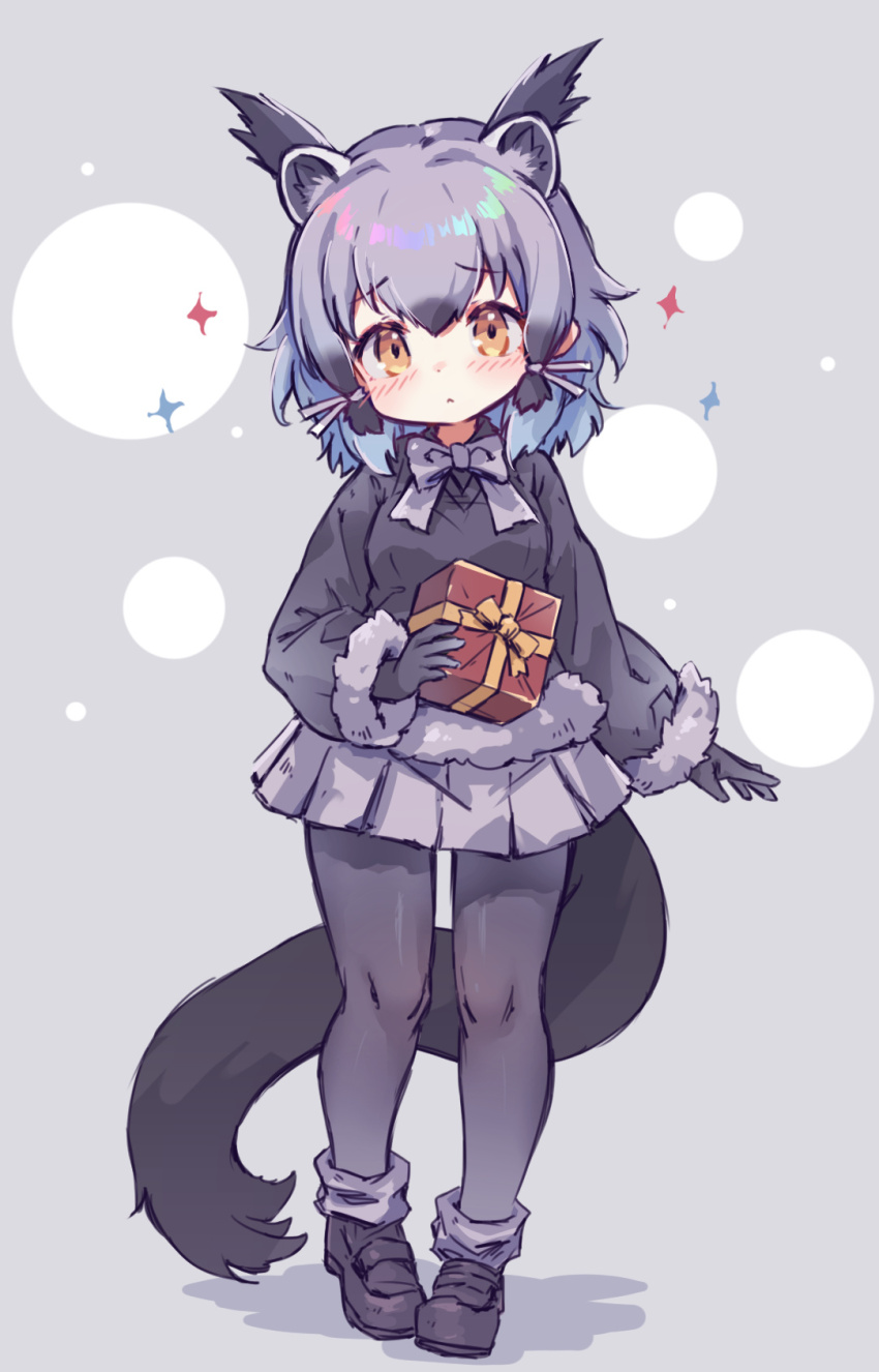 1girl animal_ears binturong_(kemono_friends) binturong_girl black_gloves black_hair black_shoes black_sweater blue_hair blush bow bowtie collared_shirt extra_ears full_body fur_trim gift gloves grey_bow grey_bowtie grey_fur grey_hair grey_pantyhose grey_skirt grey_socks hair_between_eyes hair_tie highres kemono_friends kolshica loafers long_sleeves looking_at_viewer multicolored_hair orange_eyes pantyhose pleated_skirt shirt shoes short_hair sidelocks skirt socks solo sweater tail