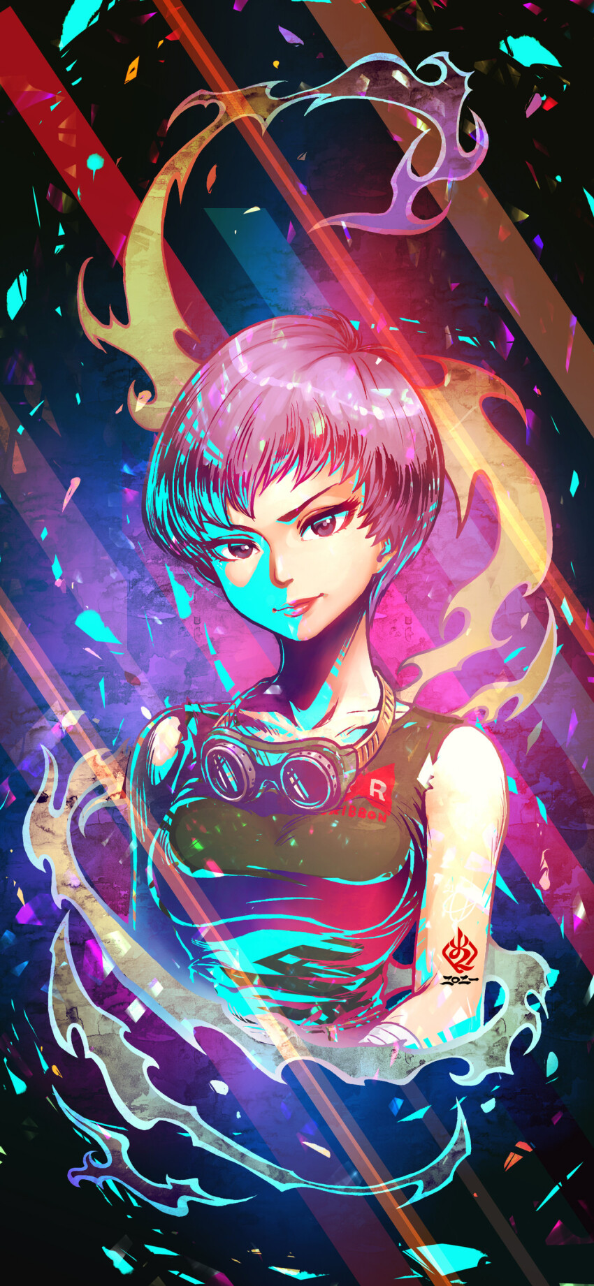1girl absurdres bandages black_eyes breasts commentary dragon_ball dragon_ball_(classic) english_commentary goggles goggles_around_neck green_tank_top highres kanchiyo looking_at_viewer medium_breasts multicolored_background pink_lips pixie_cut purple_hair red_ribbon_army short_hair signature solo tank_top violet_(dragon_ball)