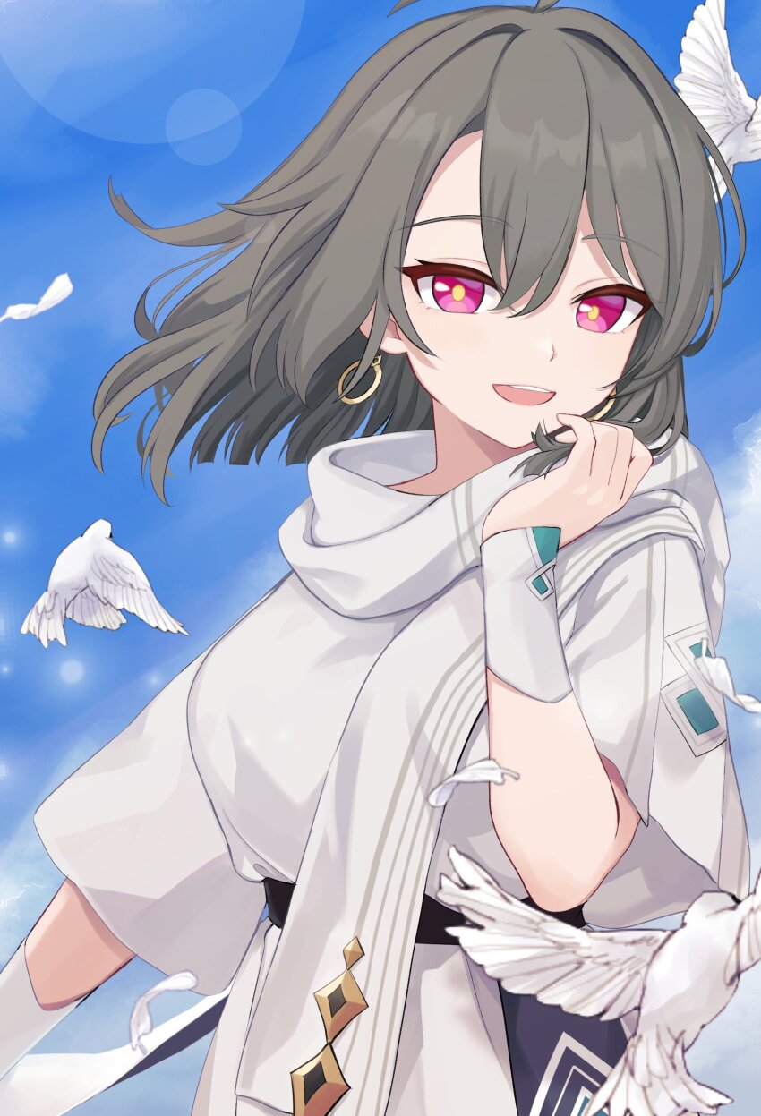 1girl :d absurdres animal bird blue_sky breasts commentary_request day dress earrings feathers grey_hair hair_between_eyes hand_up highres honkai_(series) honkai_impact_3rd jewelry looking_at_viewer medium_breasts noctelle open_mouth outdoors purple_eyes short_sleeves sky smile solo vita_(honkai_impact) vita_(salt_snow)_(honkai_impact) white_dress white_feathers wide_sleeves