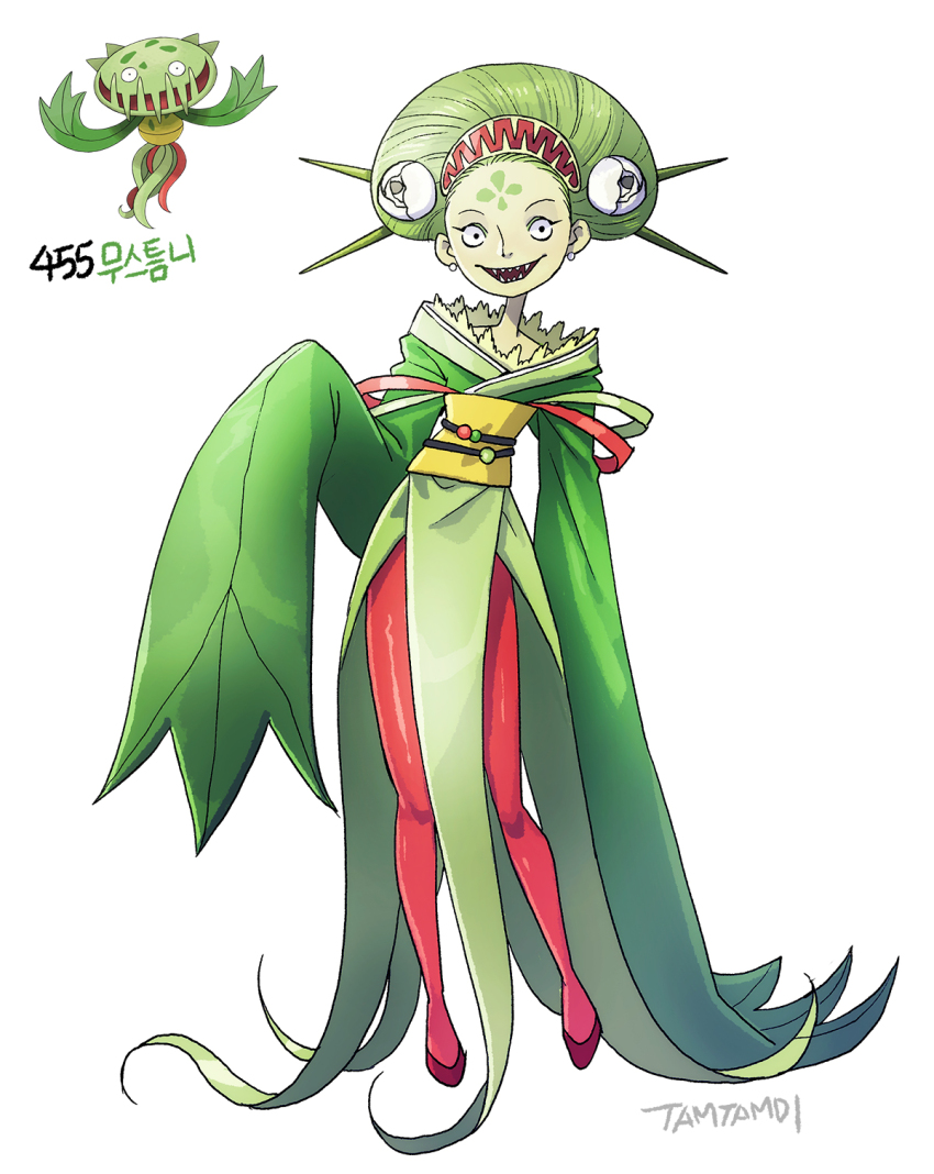 1girl black_eyes carnivine colored_skin earrings facial_mark forehead_mark full_body game_freak gen_4_pokemon green_hair green_kimono green_skin highres japanese_clothes jewelry kimono long_sleeves nintendo pantyhose pokemon pokemon_(creature) red_footwear red_pantyhose reference_inset sharp_teeth signature simple_background sleeves_past_fingers sleeves_past_wrists tamtamdi teeth translated white_background