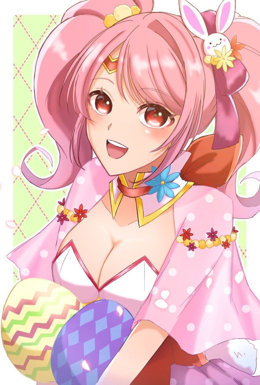 1girl breasts cleavage easter_egg egg fire_emblem fire_emblem_echoes:_shadows_of_valentia fire_emblem_heroes flower hair_ornament hair_ribbon highres holding jewelry leotard mae_(fire_emblem) mae_(spring)_(fire_emblem) nintendo official_alternate_costume pink_hair pink_ribbon playboy_bunny red_eyes ribbon rinto195 smile solo twintails