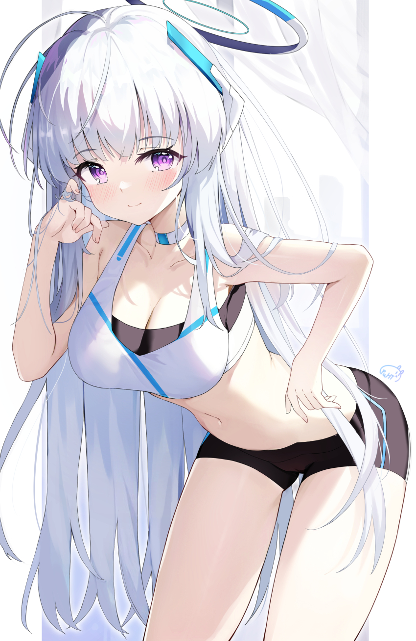 1girl absurdres black_shorts blue_archive blush breasts cameltoe choker cleavage closed_mouth collarbone cowboy_shot grey_hair halo highres large_breasts long_hair mechanical_halo navel noa_(blue_archive) pu_ht purple_eyes shorts smile solo sports_bra white_choker white_sports_bra