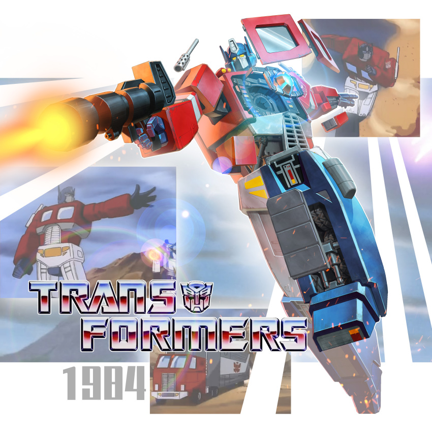 1980s_(style) 1984_(year) absurdres autobot commentary_request dated emblem energy_beam energy_gun firing highres logo machinery mecha mecha_focus motor_vehicle oldschool optimus_prime realistic retro_artstyle robot science_fiction screencap title traditional_media trailer transformers transformers:_generation_1 truck weapon xiao_duzi yellow_eyes