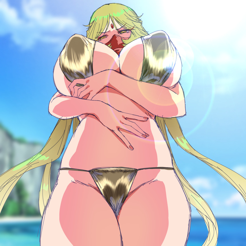 1girl absurdres angry beach bikini blonde_hair breast_lift breasts cameltoe cleavage covered_erect_nipples curvy gerusyu gold_bikini highres huge_breasts long_hair looking_at_viewer nail_polish red_scarf sanzomon scarf scarf_over_mouth solo sunlight swimsuit thick_thighs thighs