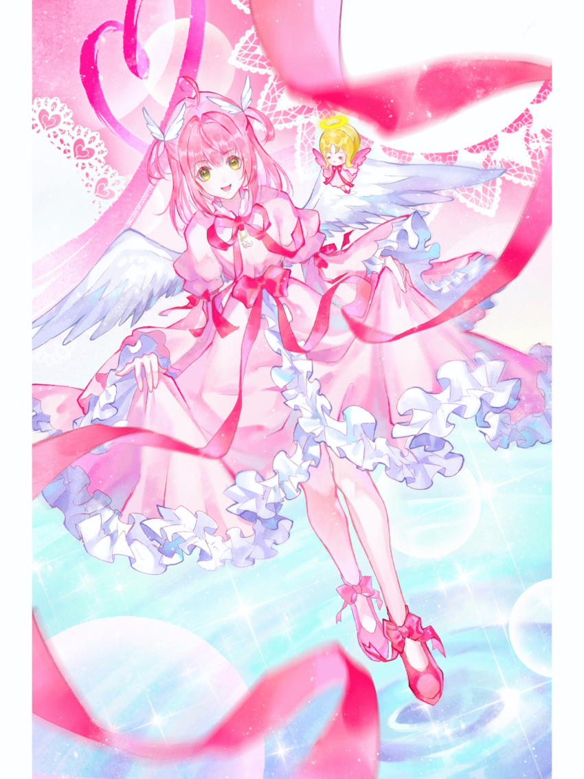 2girls ahoge amulet_angel angel angel_wings border bow bubble chibi chinese_commentary closed_eyes closed_mouth collared_dress commentary commentary_request curtsey dot_nose dress el_(shugo_chara!) english_commentary feathered_wings floating footwear_bow frilled_dress frilled_sleeves frills hair_ornament halo happy heart heart_of_string highres hinamori_amu inhan juliet_sleeves light_particles long_dress long_hair long_sleeves looking_at_viewer magical_girl mixed-language_commentary multiple_girls neck_ribbon open_mouth pillarboxed pink_background pink_dress pink_hair pink_ribbon puffy_sleeves red_bow red_ribbon red_shoes ribbon ripples shoes shugo_chara! sidelocks sleeve_bow smile sparkle spread_wings traditional_halo two_side_up waist_bow water white_border white_wings wide_sleeves wing_hair_ornament wings yellow_eyes yellow_halo