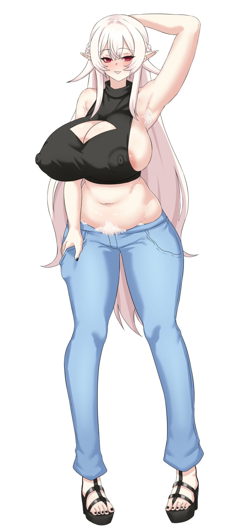 1girl absurdres armpit_hair armpits black_footwear black_nails black_shirt blue_pants blush braid breasts cleavage_cutout clothing_cutout colored_pubic_hair commentary commission covered_erect_nipples cropped_shirt english_commentary female_pubic_hair full_body hair_between_eyes highres huge_breasts long_hair nano_gure nexas_(vtuber) pants pointy_ears pubic_hair puffywaffles red_eyes shirt simple_background sleeveless sleeveless_shirt solo standing stomach teeth toeless_footwear very_long_hair virtual_youtuber white_background white_hair