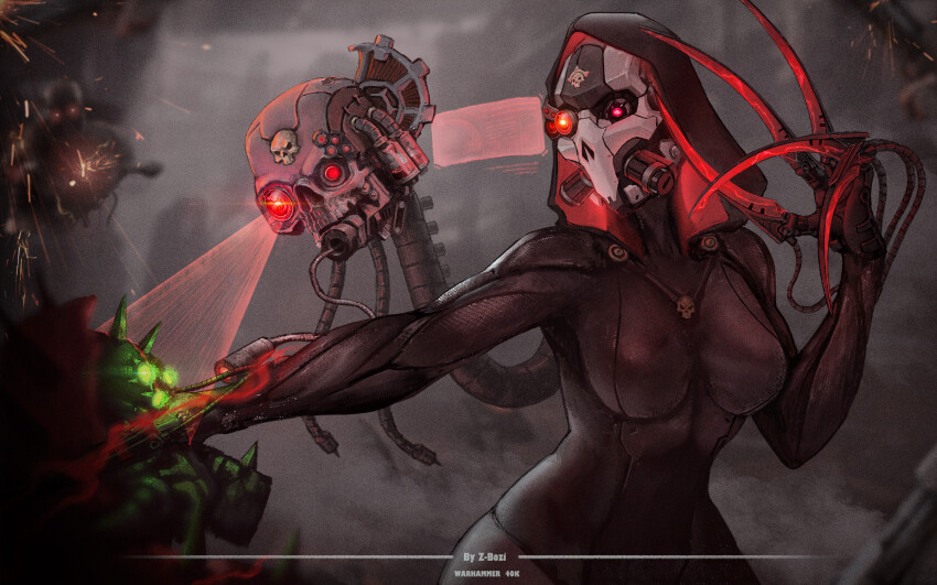 1boy 1girl adeptus_mechanicus artist_name assassin assassination black_bodysuit bodysuit clawed_hands copyright_name glowing glowing_eyes grabbing_another&#039;s_chin green_eyes hand_on_another&#039;s_chin highres hologram holographic_monitor hood hood_up infocytes mask power_claw red_eyes scan servo-skull tube warhammer_40k wire zhang_bozi