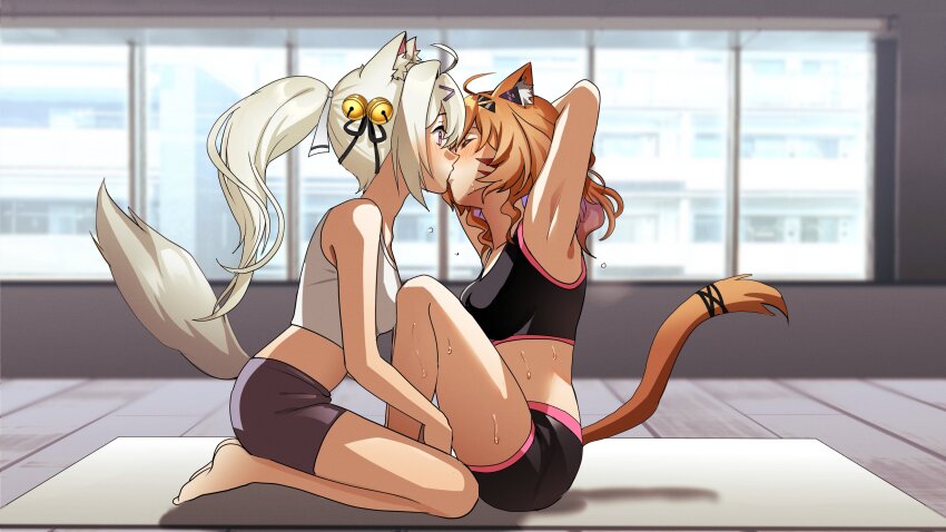 2girls absurdres animal_ears arms_behind_head bell black_shirt clenched_teeth closed_eyes exercising filian_(vtuber) fox_ears fox_girl fox_tail franek89 gym_shirt gym_shorts hair_bell hair_ornament highres holding_another&#039;s_legs indie_virtual_youtuber kiss multiple_girls orange_hair purple_eyes shirt shorts shyrei_faolan sit-up surprise_kiss surprised tail teeth virtual_youtuber white_hair white_shirt yuri