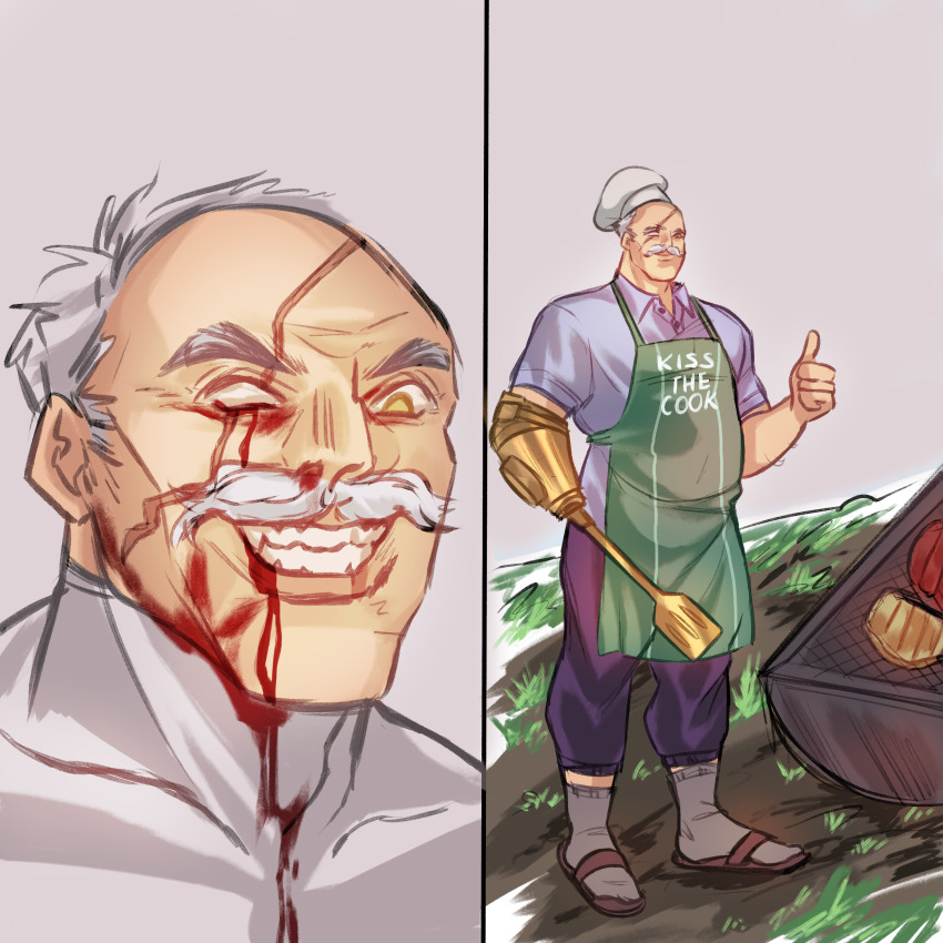 absurdres balding blind_eye conquest_(invincible) facial_hair highres invincible_(series) mustache old old_man partially_blind prosthesis prosthetic_arm scar scar_across_eye scar_on_face scar_on_head thick_mustache