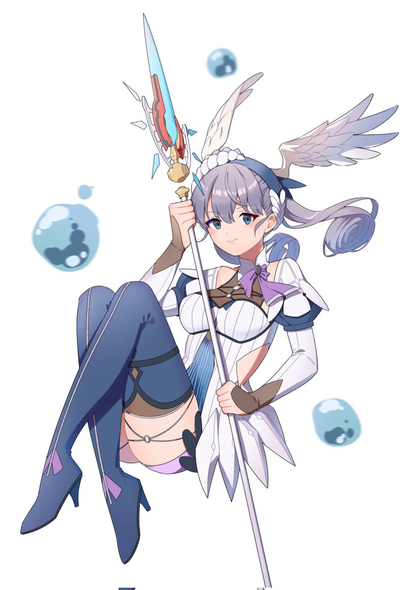 1girl blue_boots blue_eyes boots breasts closed_mouth commentary curled_ends dated_commentary full_body grey_hair head_wings hehe_jun high_heel_boots high_heels highres holding holding_staff large_breasts long_hair looking_at_viewer melia_antiqua simple_background smile solo staff thigh_boots white_background wings xenoblade_chronicles_(series) xenoblade_chronicles_1 zipper_pull_tab