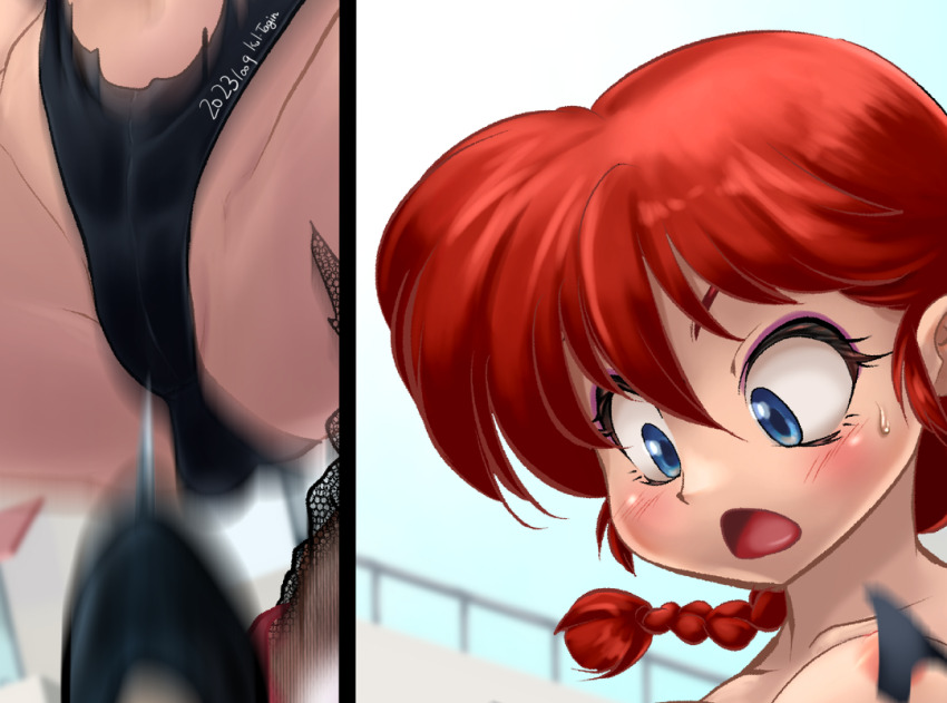 1girl blue_eyes blush braid crotch genderswap genderswap_(mtf) kul_tigin leotard open_mouth ranma-chan ranma_1/2 red_hair saotome_ranma single_braid torn_clothes torn_leotard