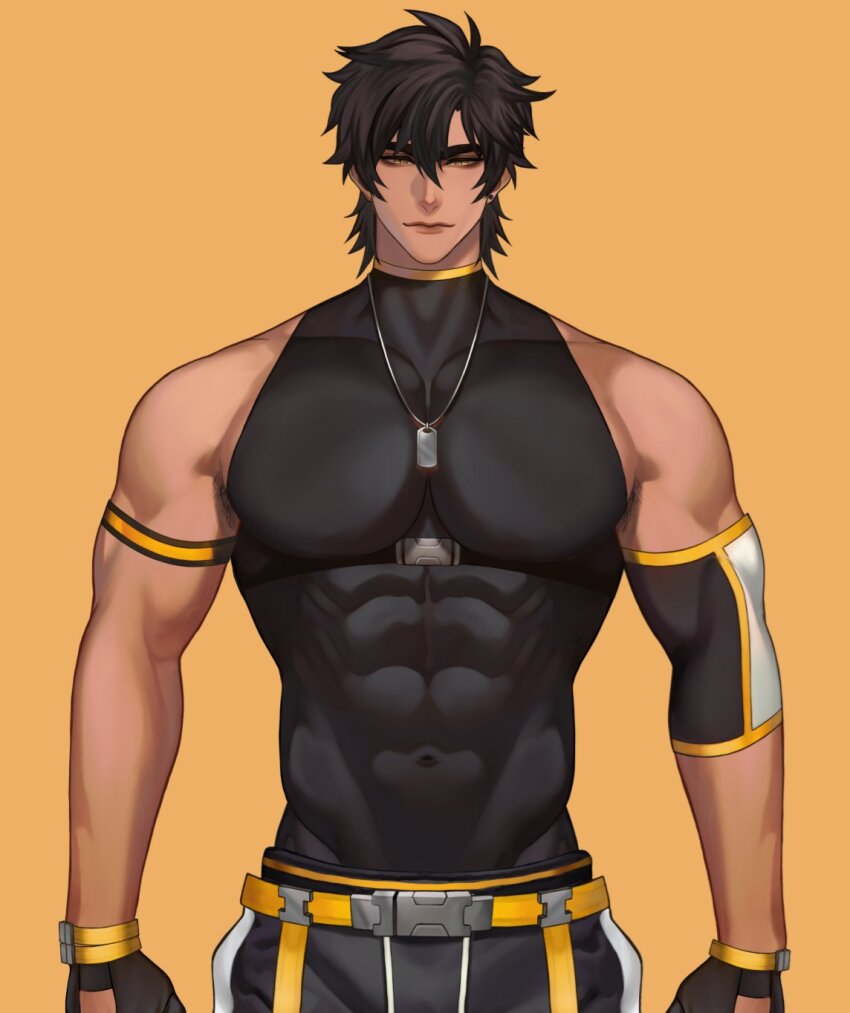 1boy belt brown_hair compression_shirt dog_tags gloves highres indie_virtual_youtuber jacket jouvru kite_hasegawa male_focus muscular muscular_male yellow_eyes