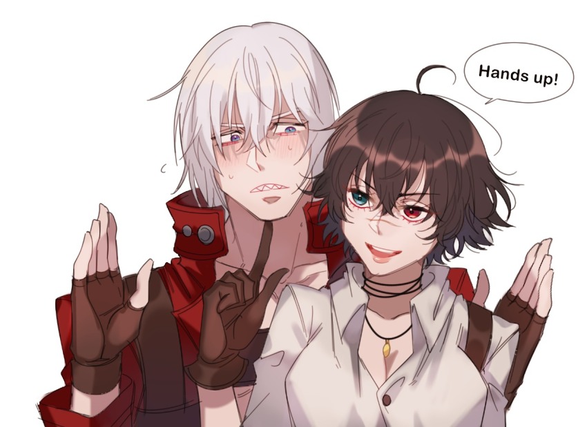 1boy 1girl black_hair blue_eyes blush brown_gloves dante_(devil_may_cry) devil_may_cry devil_may_cry_(series) devil_may_cry_3 fingerless_gloves gloves green_eyes heterochromia jacket lady_(devil_may_cry) nero_is_so_cute red_eyes red_jacket scar scar_on_face scar_on_nose shirt simple_background white_background white_hair white_shirt