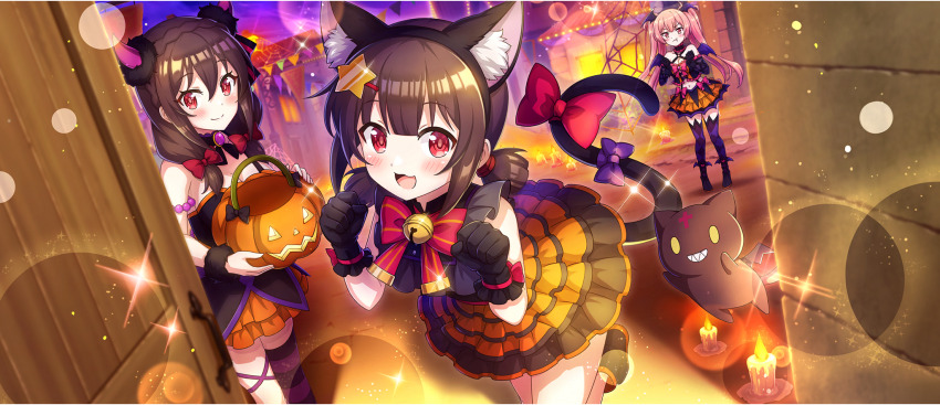 3girls :3 :t animal_ear_hairband animal_ears argyle_clothes argyle_thighhighs armlet armpit_crease bat_wings bell black_bustier black_cat black_choker black_dress black_footwear black_gloves bow bowtie braid breasts brown_hair bucket candle cat cat_ear_hairband cat_ears cat_tail child choker chomusuke cleavage clenched_hands criss-cross_straps crop_top crown_braid demon_horns demon_wings detached_sleeves dress erika_(konosuba) fake_animal_ears fake_horns fake_tail fake_wings frilled_choker frilled_skirt frills from_inside game_cg gloves hair_between_eyes hair_bow hair_ornament hair_over_shoulder hair_tie hairband hairclip halloween halloween_bucket halloween_costume head_wings highres holding holding_bucket horns jack-o&#039;-lantern jealous jewelry jingle_bell komekko kono_subarashii_sekai_ni_shukufuku_wo! konosuba!_fantastic_days layered_dress leg_wrap light_blush long_hair looking_at_viewer low_twintails midriff miniskirt multiple_girls navel official_alternate_costume official_art open_mouth orange_dress orange_skirt orange_trim paw_pose pink_eyes pink_hair pout purple_bow purple_brooch purple_thighhighs purple_trim red_bow red_bowtie red_eyes red_horns short_dress short_hair short_twintails sidelocks single_thighhigh skirt sleeveless sleeveless_dress smile standing standing_on_one_leg star_(symbol) star_hair_ornament striped_clothes striped_thighhighs tail tail_bow tail_ornament thighhighs trick-or-treating twintails two-tone_dress v-shaped_eyebrows very_long_hair winged_cat winged_footwear wings wristband yunyun_(konosuba) zettai_ryouiki