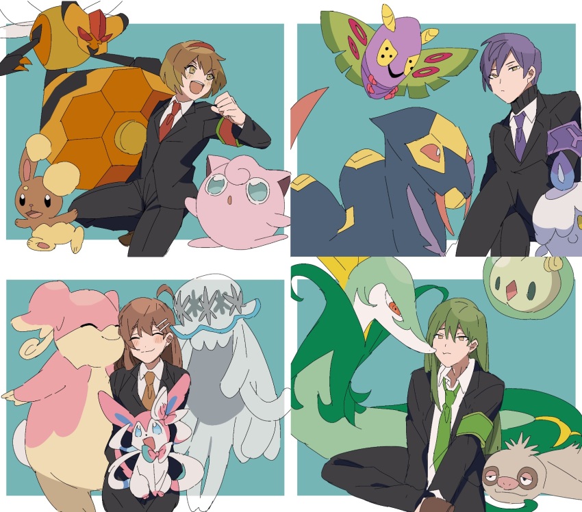 2boys 2girls ahoge audino black_jacket blush brown_hair brown_necktie buneary closed_eyes collared_shirt crossover gen_1_pokemon gen_3_pokemon gen_4_pokemon gen_5_pokemon gen_6_pokemon gen_7_pokemon green_hair hairband highres hod_(project_moon) jacket jigglypuff litwick lobotomy_corporation long_hair malkuth_(project_moon) mu46016419 multiple_boys multiple_girls necktie netzach_(project_moon) nihilego nintendo pokemon pokemon_(creature) project_moon purple_necktie red_hairband serperior seviper shirt short_hair slakoth smile solosis sylveon ultra_beast venomoth very_long_hair vespiquen white_shirt yellow_eyes yesod_(project_moon)