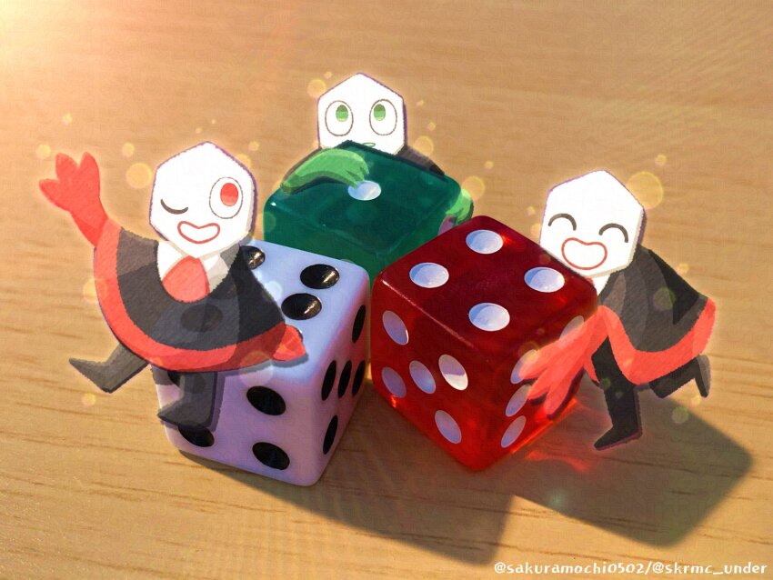 3others androgynous black_boots black_cloak boots cloak collared_shirt commentary deltarune dice elbow_gloves full_body gloves green_eyes green_gloves happy highres holding light_particles light_rays mini_person multiple_others necktie object_and_personification one_eye_closed open_mouth other_focus pippins_(deltarune) red_eyes red_gloves red_necktie sakuramochi0502 shadow shirt smile sunlight table thigh_boots twitter_username white_shirt