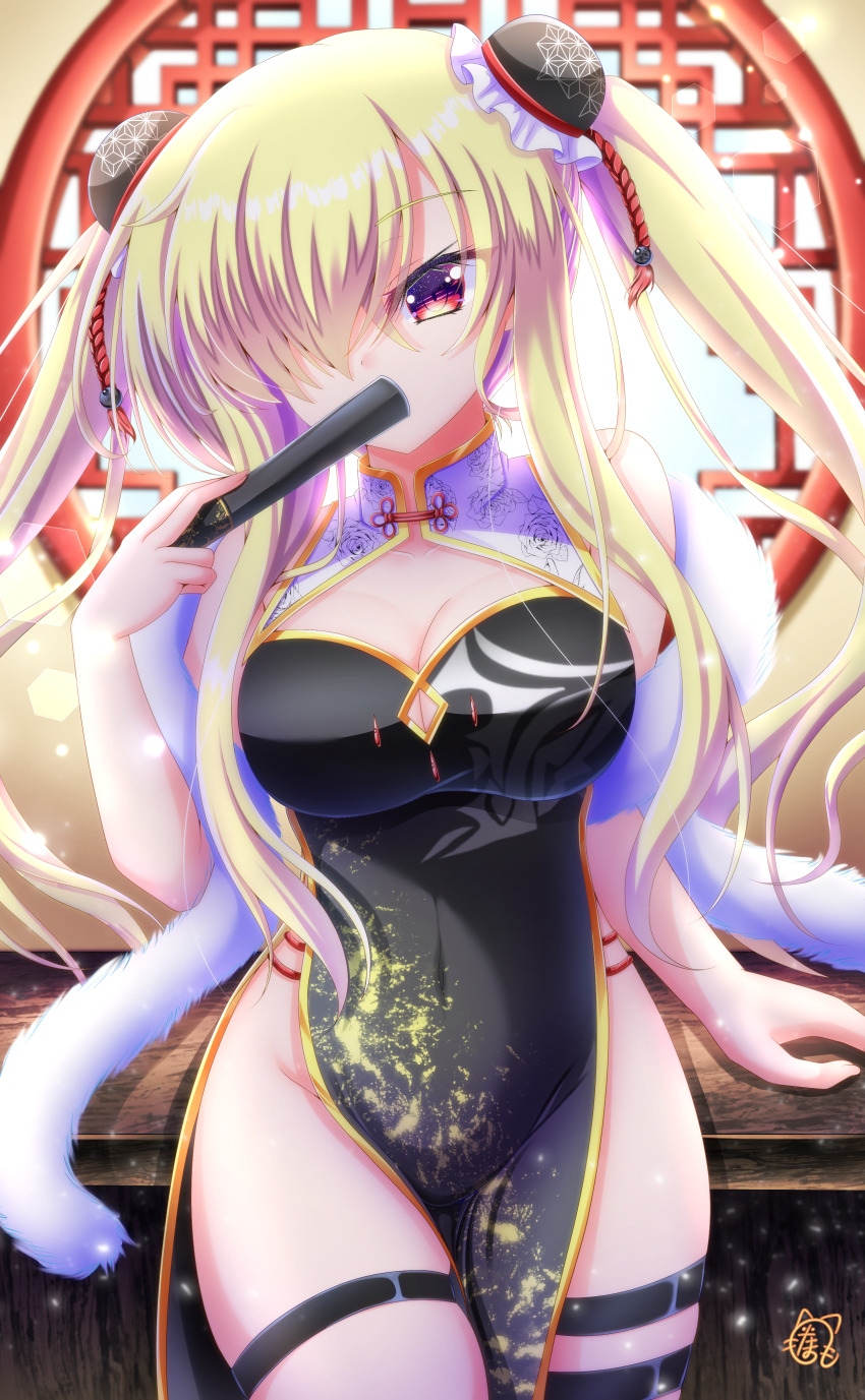 1girl 9-nine- absurdres alternate_costume alternate_hairstyle bare_shoulders black_dress blonde_hair breasts bun_cover china_dress chinese_clothes cleavage cleavage_cutout clothing_cutout commentary_request covered_mouth covered_navel cowboy_shot double_bun dress eyelashes floating_hair folding_fan ghost_(9-nine-) groin hair_bun hair_over_one_eye hand_fan hand_up highres holding holding_fan impossible_clothes indoors large_breasts lens_flare light_particles long_bangs long_hair looking_at_viewer no_panties one_eye_covered pelvic_curtain red_eyes round_window sidelocks skindentation sleeveless sleeveless_dress solo tamamo_(1_tamamo) thigh_strap twintails very_long_hair window