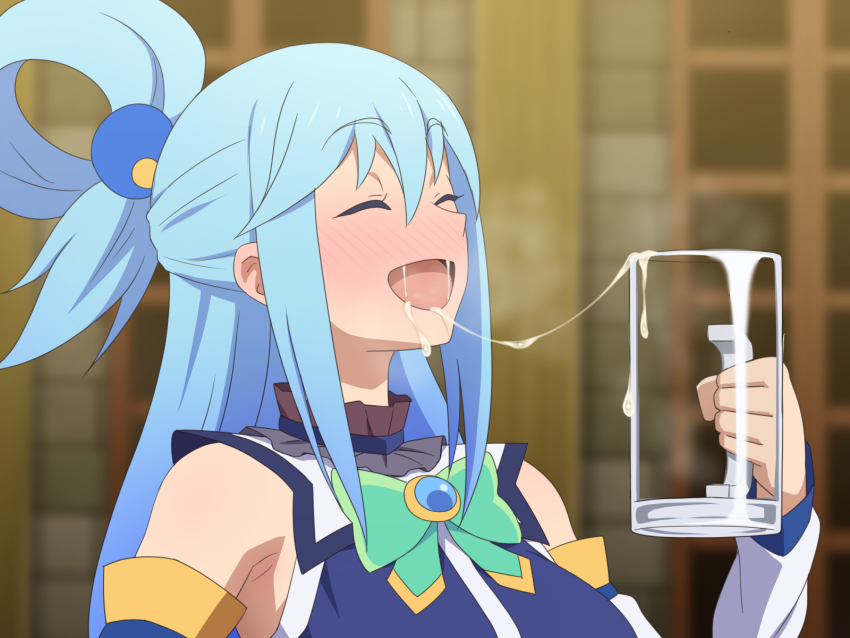 1girl aqua_(konosuba) armpits beer_mug blue_hair blush closed_eyes cum cum_in_mouth cum_string cup drinking_glass female_focus gokkun hair_bobbles hair_ornament happy highres kono_subarashii_sekai_ni_shukufuku_wo! long_hair mug open_mouth tedain