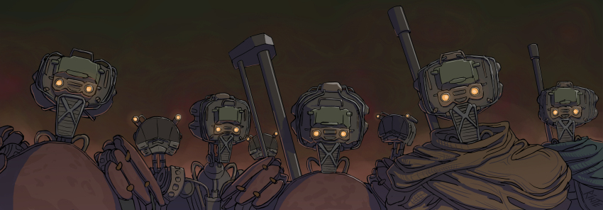 6+boys armor cloak glowing glowing_eyes highres kenshi male_focus multiple_boys no_humans robot rust samurai simple_background skeleton_(kenshi) weapon weapon_on_back