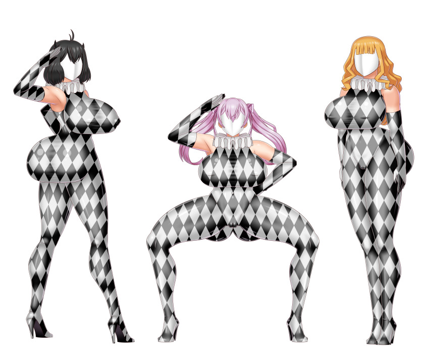 3girls absurdres ass bare_shoulders black_clover bluebullpen bodysuit breasts drone droneification expressionless female_focus gloves high_heels highres horns huge_breasts hypnosis large_breasts long_hair mimosa_vermillion mind_control multiple_girls noelle_silva opera_gloves pink_hair secre_swallowtail squatting standing