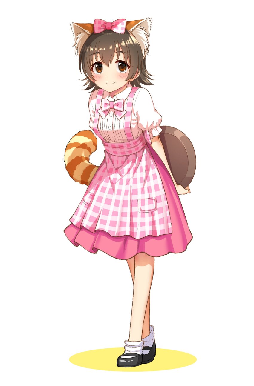 1girl absurdres akagi_miria animal_ear_fluff animal_ears apron arms_behind_back black_hair blush bow bowtie breasts brown_eyes closed_mouth commentary dot_nose fake_animal_ears fake_tail full_body go-1 hair_bow hair_ribbon highres holding holding_tray idolmaster idolmaster_cinderella_girls idolmaster_cinderella_girls_starlight_stage looking_at_viewer mary_janes pink_apron pink_bow pink_bowtie pink_ribbon pink_skirt plaid_apron plaid_clothes puffy_short_sleeves puffy_sleeves raccoon_ears raccoon_tail ribbon shirt shoes short_hair short_sleeves simple_background skirt small_breasts smile socks solo standing tail tray white_background white_shirt white_socks