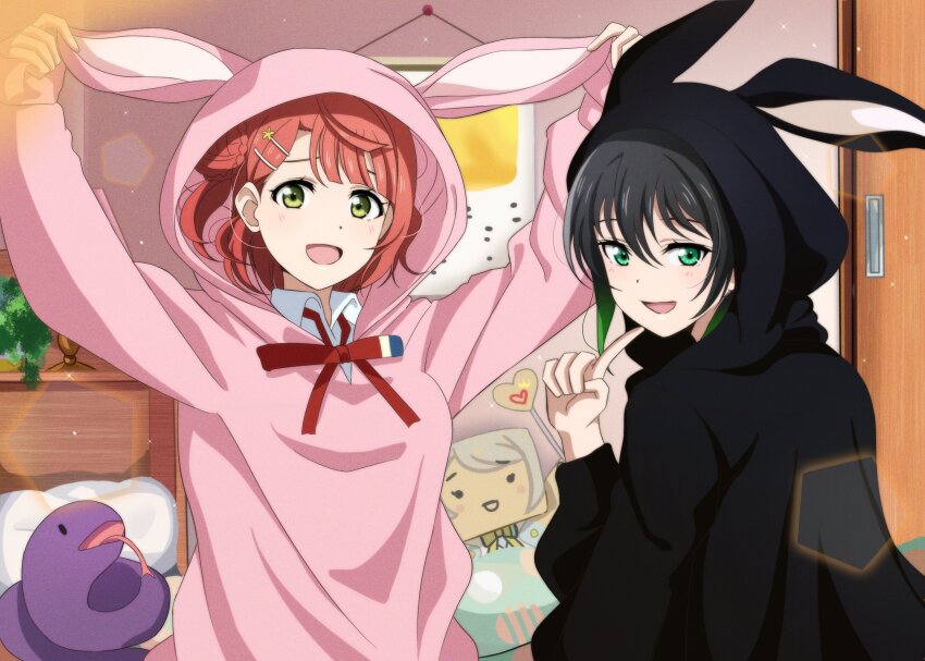 animal_costume black_hair blush collared_shirt commentary commentary_request finger_to_own_chin gradient_hair green_eyes green_hair hair_bun hair_ornament hairclip highres indoors korean_commentary long_sleeves looking_at_viewer love_live! love_live!_nijigasaki_high_school_idol_club medium_hair multicolored_hair neck_ribbon open_mouth pink_hair rabbit_costume red_ribbon ribbon sasuke_(love_live!) shirt single_side_bun swept_bangs takasaki_yu uehara_ayumu white_shirt yellow_eyes yumel_lot