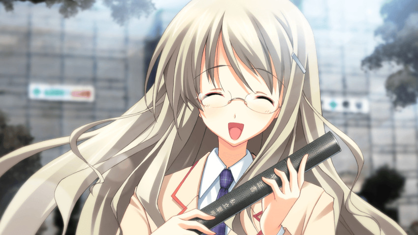 1girl asymmetrical_bangs blurry blurry_background blush chaos;head chaos;head_love_chu_chu! collared_shirt facing_viewer false_smile game_cg green_hair hair_between_eyes hair_ornament hairpin holding holding_stick imminent_attack jacket kusunoki_yua lapels light_blush long_hair long_sleeves matsuo_yukihiro necktie notched_lapels official_art open_mouth pink_lips plaid_clothes plaid_necktie purple_necktie red_trim school_uniform shiny_eyes shiny_lips shirt smile stick suimei_academy suimei_school_uniform tongue white_shirt