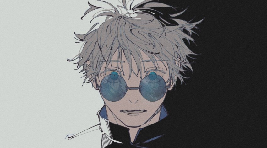black_shirt blue_eyes colored_eyelashes getou_suguru getou_suguru_(kenjaku) gojou_satoru grey_hair highres jujutsu_kaisen looking_at_viewer male_focus messy_hair mim_(mimya0600) parted_lips popped_collar reflection rimless_eyewear round_eyewear shirt short_hair solo_focus staring straight-on teeth upper_body wide-eyed