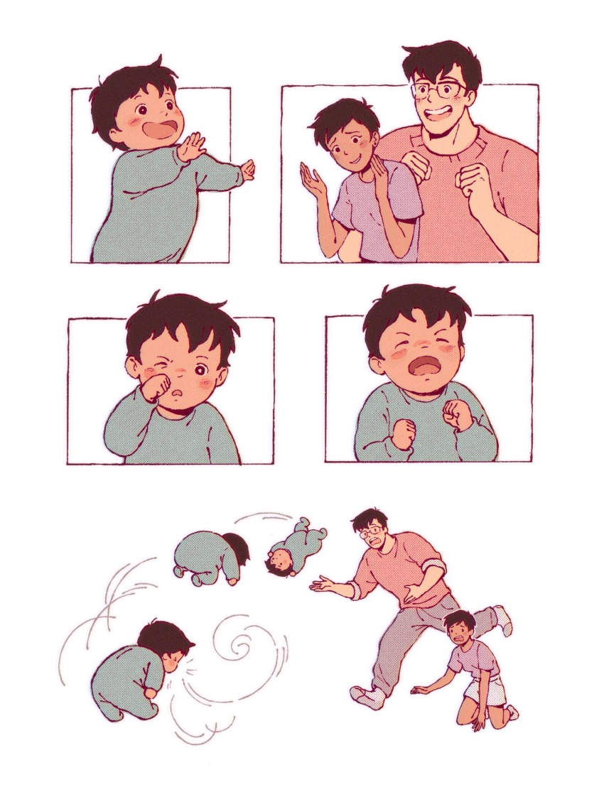 1girl 2boys :d baby black_hair blue_eyes blush_stickers brown_eyes clark_kent clenched_hands d-e-r-i dark-skinned_female dark-skinned_male dark_skin dc_comics family glasses highres jonathan_kent kneeling lois_lane multiple_boys my_adventures_with_superman one_eye_closed onesie open_mouth pants pink_shirt purple_shirt shirt short_hair shorts smile sneezing socks superman_(series) sweatpants