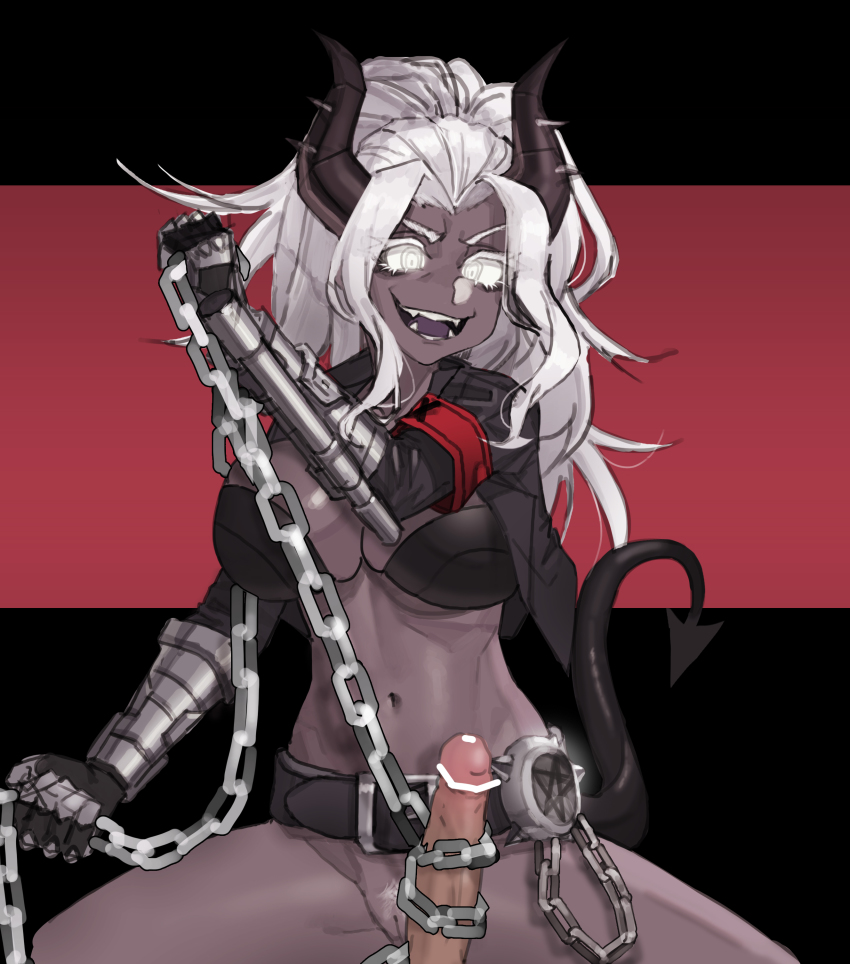 1boy 1girl absurdres bar_censor censored chain demon_girl helltaker highres judgement_(helltaker) long_hair penis segmented_horns white_hair