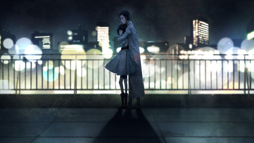 1boy 1girl aqua_eyes arms_around_neck beard_stubble black_bow black_hair black_trim blue_dress blue_eyes blurry bokeh boots bow brown_pants chest_bow chin_rest city_lights cityscape closed_eyes coat depth_of_field dress facial_hair game_cg head_on_head head_rest height_difference highres hug hug_from_behind huke lab_coat lapels long_sleeves looking_down medium_hair messy_hair night night_sky non-web_source notched_lapels official_art okabe_rintarou on_rooftop outdoors outstretched_arms pants puffy_short_sleeves puffy_sleeves rooftop shiina_mayuri short_sleeves shorts shorts_under_dress shorts_under_skirt sky slippers socks steins;gate steins;gate:_linear_bounded_phenogram stubble surprised tareme white_coat white_socks