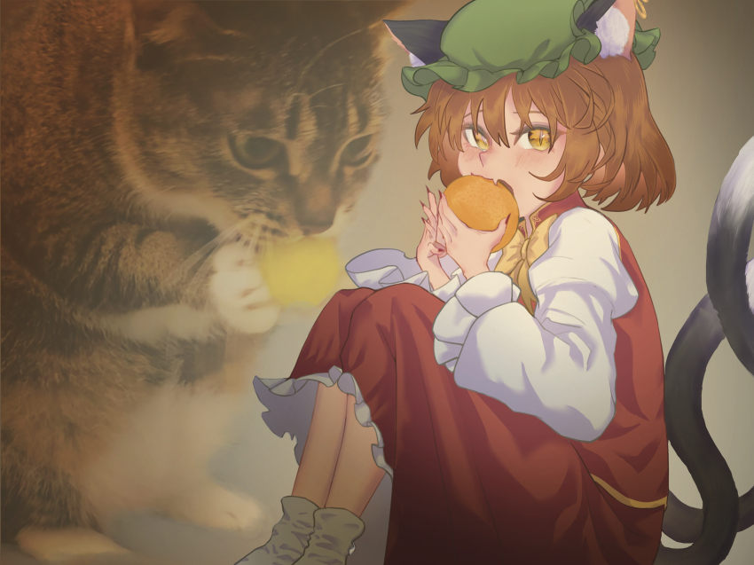 1girl absurdres animal_ear_fluff animal_ears blush bow bowtie brown_hair cat_ears cat_girl cat_tail chen commentary dress eating fang fingernails food frilled_hat frilled_sleeves frills fruit green_hat hat highres holding holding_food holding_fruit knees_up long_sleeves looking_at_viewer mob_cap multiple_tails nail_polish pinafore_dress projected_inset qazsxdc78225 red_dress red_nails shirt short_hair sitting skin_fang sleeveless sleeveless_dress slit_pupils socks tail touhou white_shirt white_socks yellow_bow yellow_bowtie